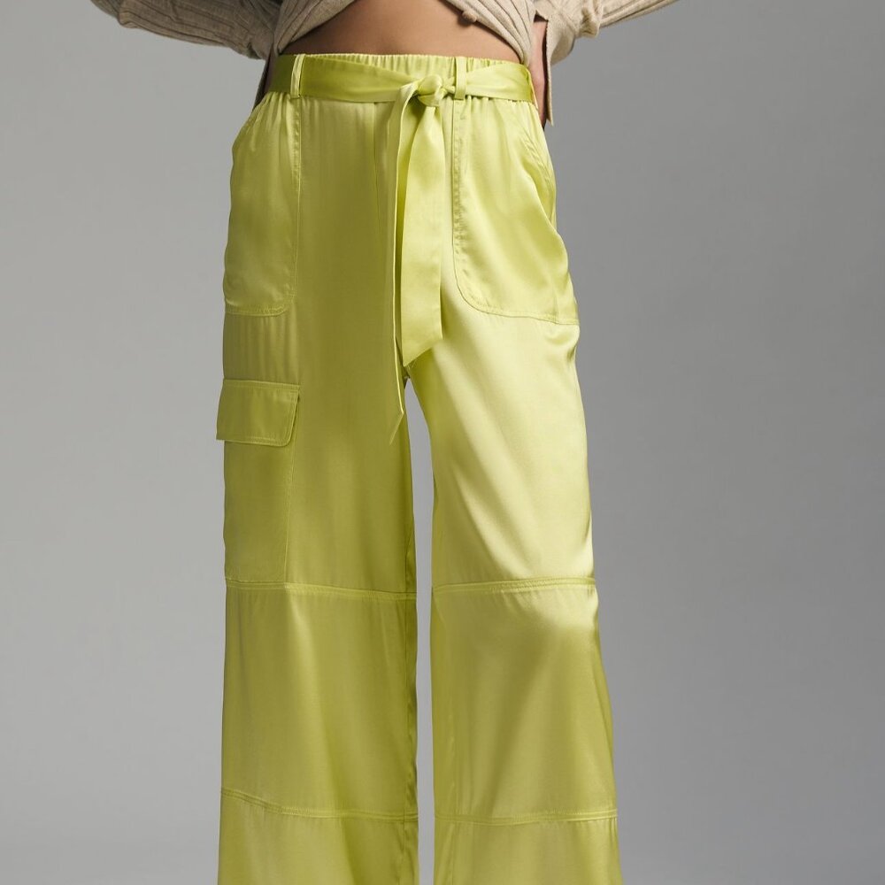 Hutch Wide-Leg Satin Pants – Tie Waist, Chartreuse – Size M, NWT